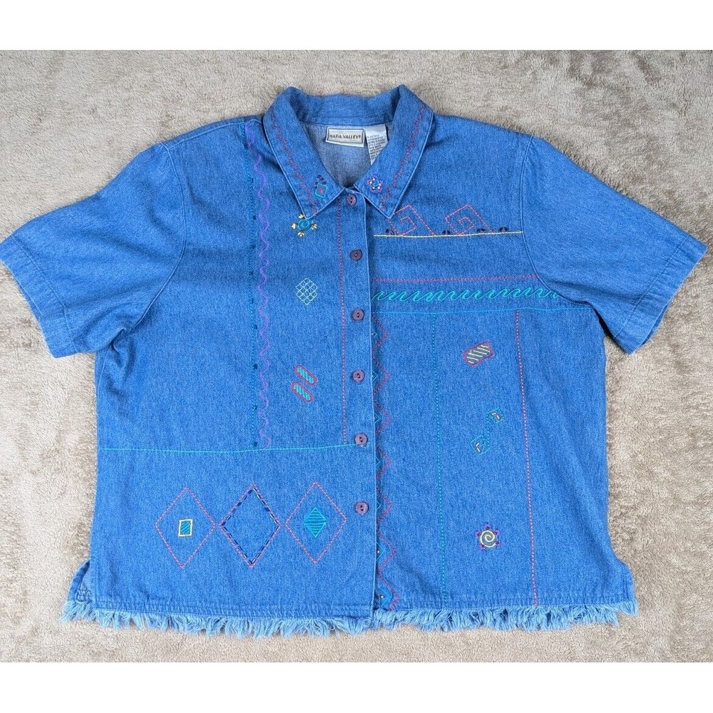 Napa Valley Women's Denim Shirt Large Fringe Hem Embroidered Vintage Top